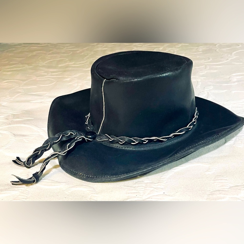 Vintage Leather Outback Hat Sz Medium Australian Style Cowboy Braided Band Black